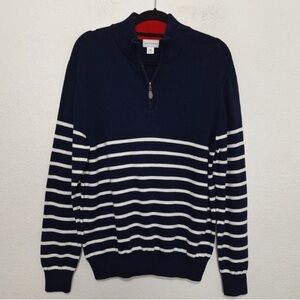 Maus & Hoffman Men's Navy Blue White Preppy Striped Quarter Zip Sweater Size M